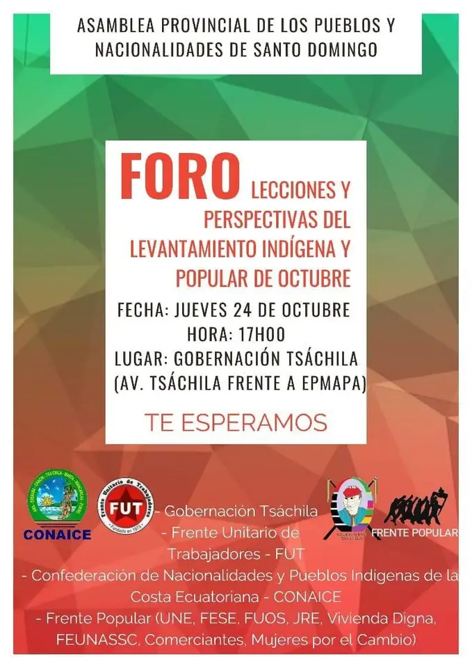 Afiche de un foro de la Asamblea Provincial de los Pueblos y Nacionalidades de Santo Domingo, con fecha jueves 24 de octubre, hora 17h00 y lugar Gobernación Tsáchila.