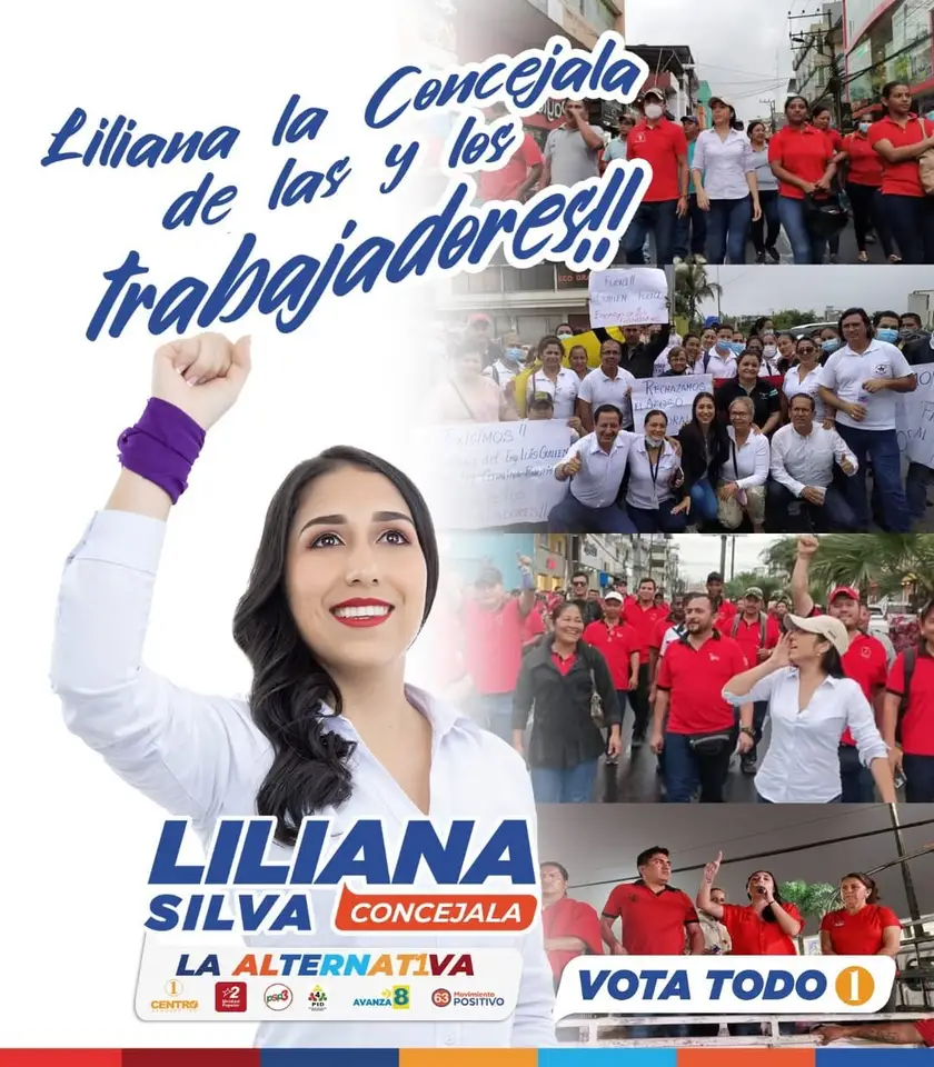 Gráfica con un slogan sobre trabajadores, un puño levantado y un collage de actividades.
