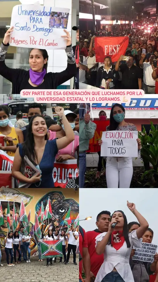 Collage de movilizaciones con la autora y carteles que piden una universidad para Santo Domingo.