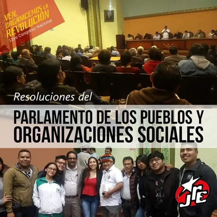 Collage que muestra una audiencia frente a una mesa y, debajo, un grupo de personas; incluye el texto «Resoluciones del Parlamento de los Pueblos y Organizaciones Sociales».