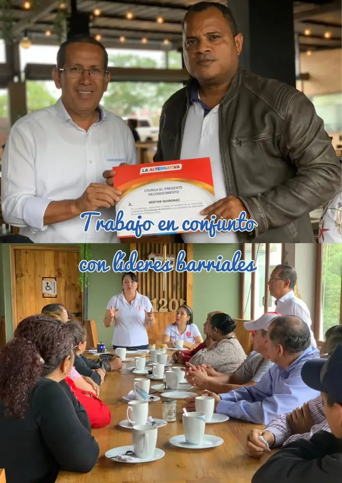 Collage de encuentros y trabajo con dirigentes barriales; aparecen retratos de candidaturas.