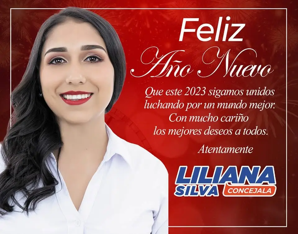 Gráfica roja con un retrato de Liliana Silva y el texto «Feliz Año Nuevo 2023».